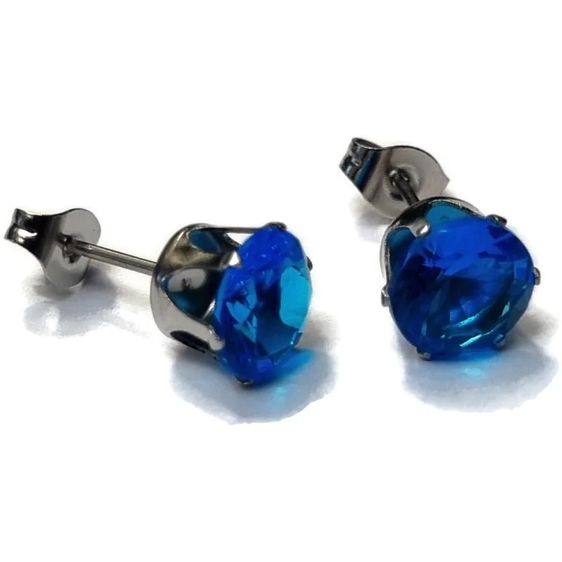 Zilverkleurige RVS Oorstekers met Blauwe Zirkonia - 8 mm -