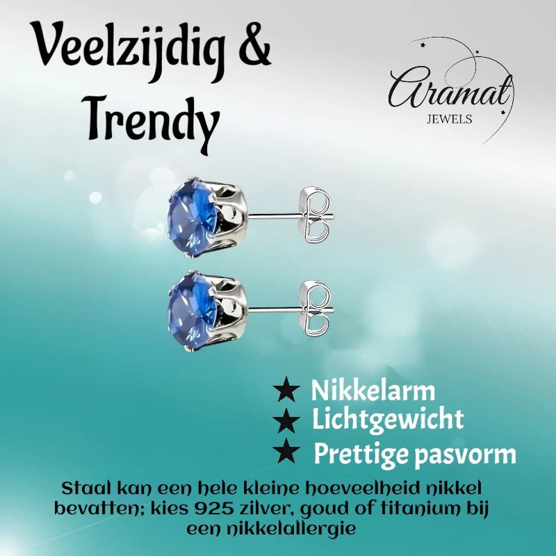 Zilverkleurige RVS Oorstekers met Blauwe Zirkonia - 8 mm -