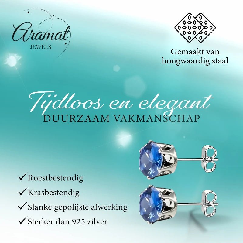 Zilverkleurige RVS Oorstekers met Blauwe Zirkonia - 8 mm -