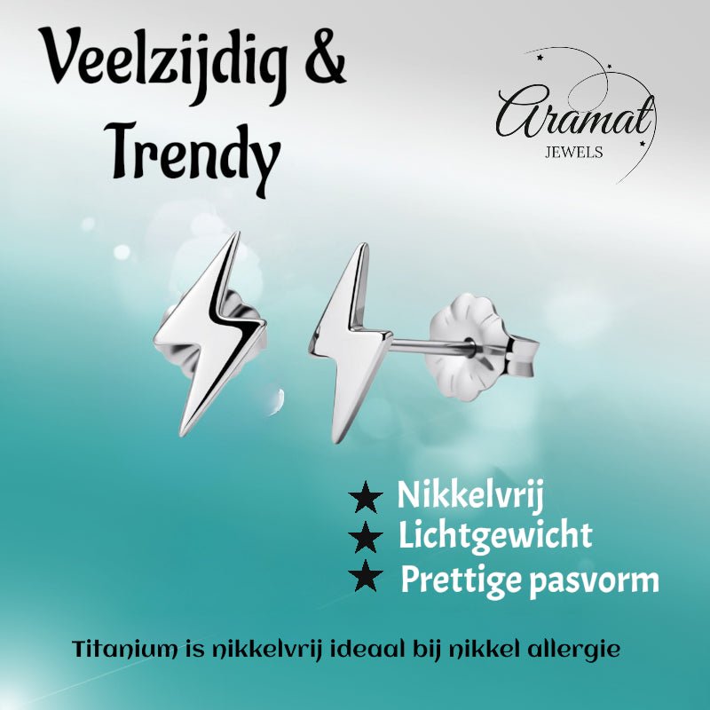 Oorbellen &acirc;&euro;&ldquo; Titanium Bliksem Flits Zilverkleurig (11x6mm) -