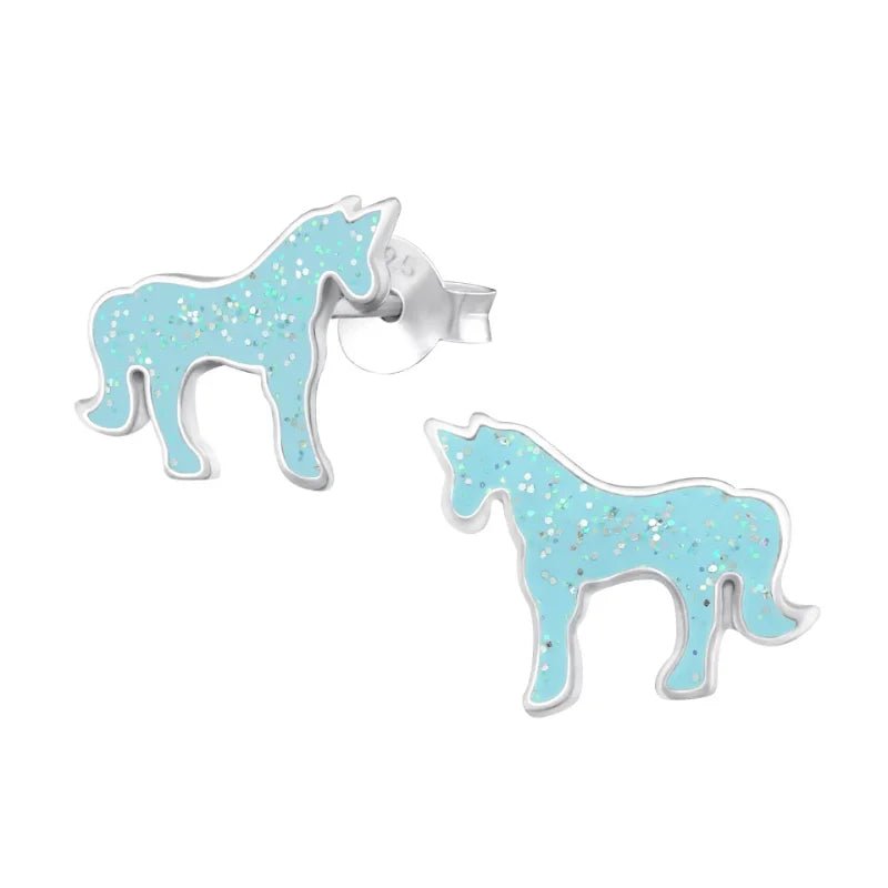 925 Zilveren Eenhoorn Oorbellen 7mm Meisje - Unicorn Studs - Roze Glitter -