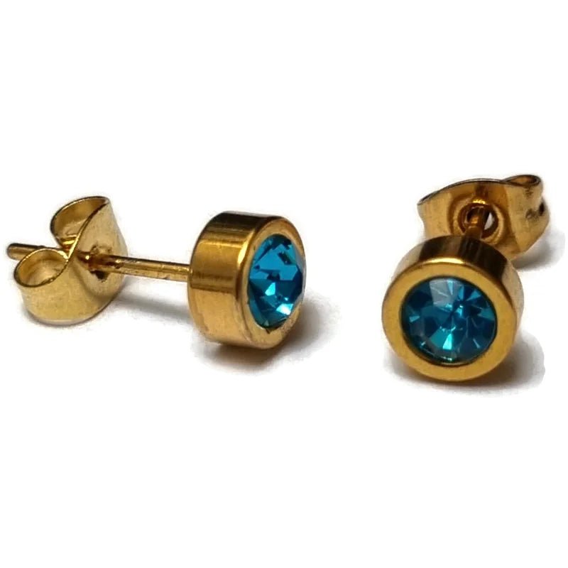 Goudkleurige oorbellen met aqua blauw zirkonia 6mm -