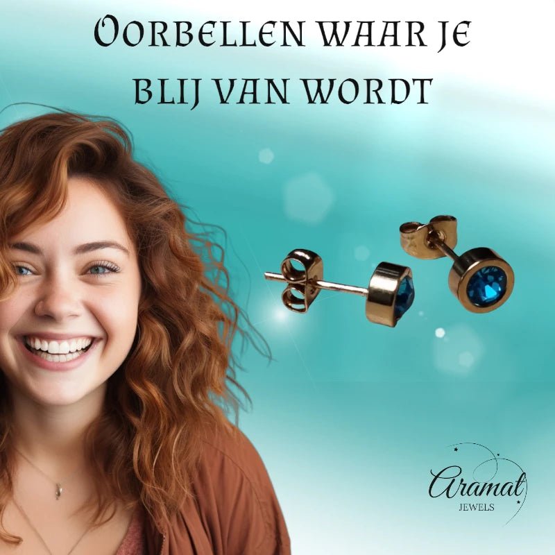 Goudkleurige oorbellen met aqua blauw zirkonia 6mm -