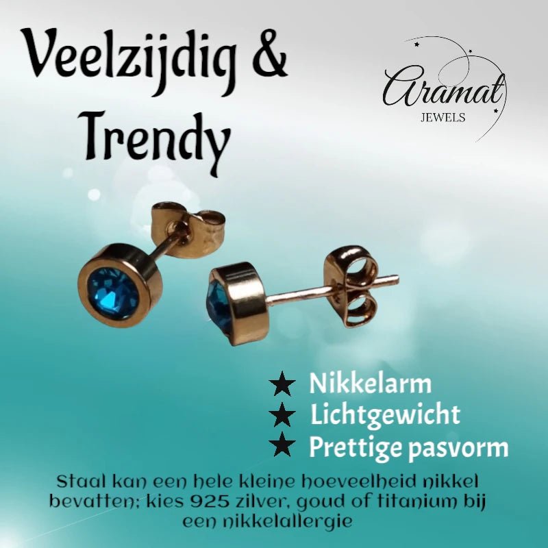 Goudkleurige oorbellen met aqua blauw zirkonia 6mm -
