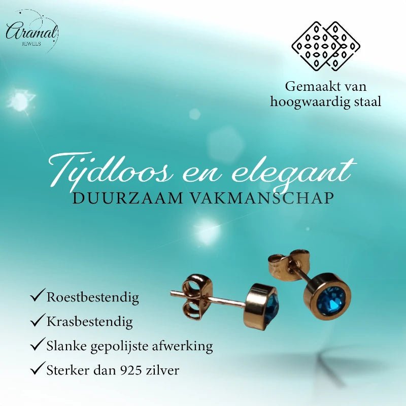 Goudkleurige oorbellen met aqua blauw zirkonia 6mm -