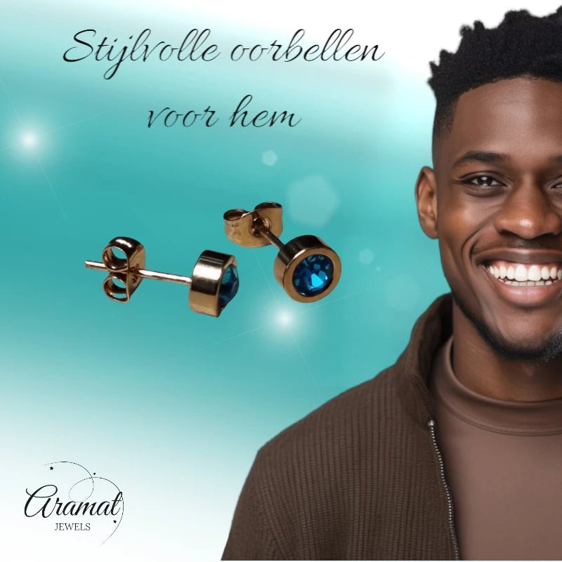 Goudkleurige oorbellen met aqua blauw zirkonia 6mm -