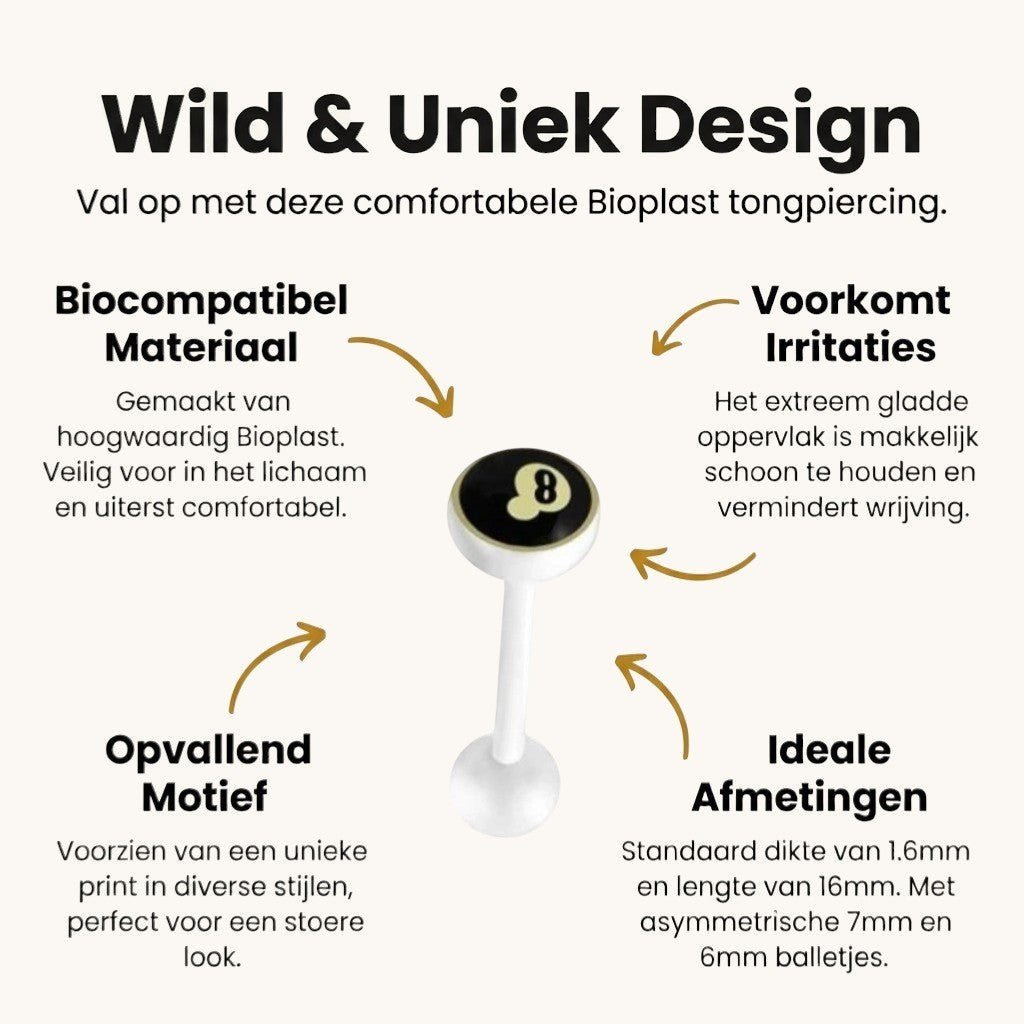 Uniek Witte Tongpiercing met Prachtig Logo - Biljartbal-8 -