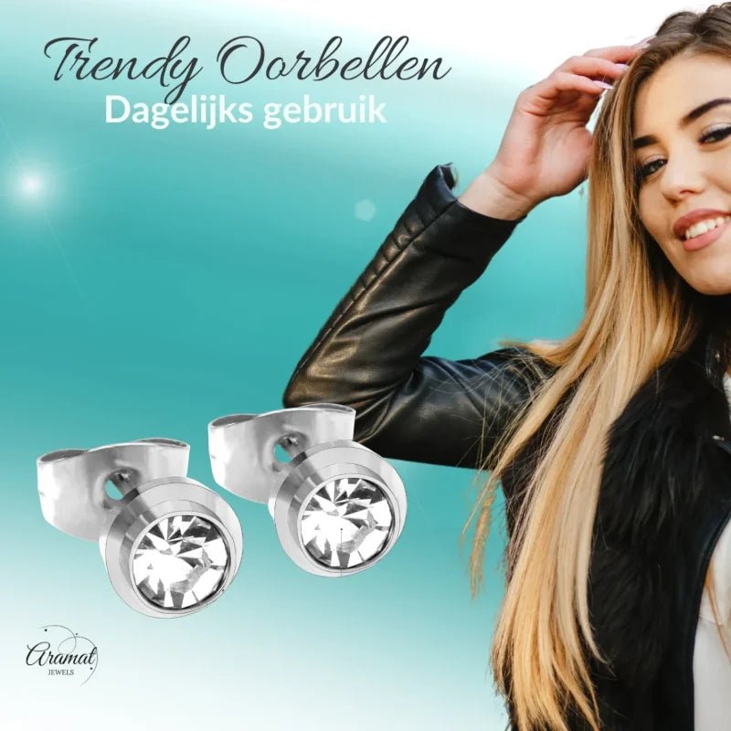 Prachtige 6mm Stalen Oorbellen met steen -