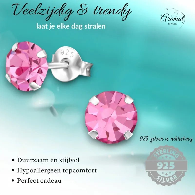 925 zilveren Roze Kristal Oorbellen -
