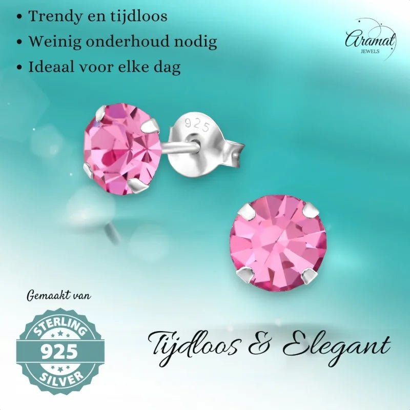 925 zilveren Roze Kristal Oorbellen -