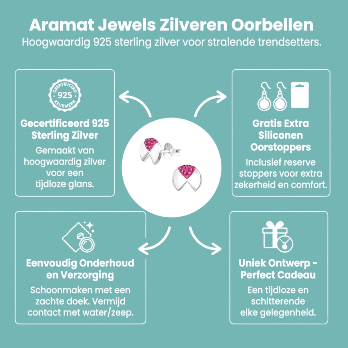 Geometrische Zilveren Oorbellen - met roze kristal -
