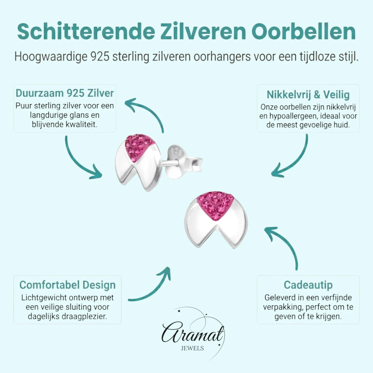 Geometrische Zilveren Oorbellen - met roze kristal -