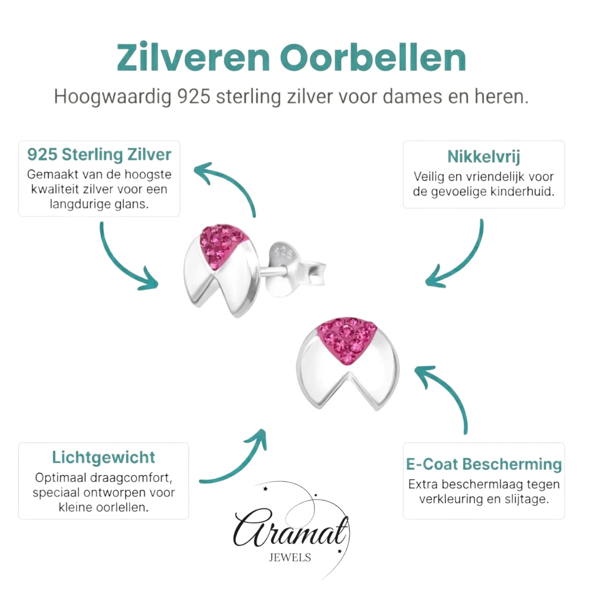 Geometrische Zilveren Oorbellen - met roze kristal -