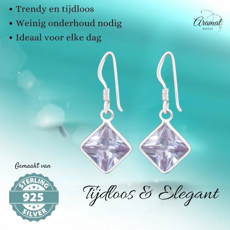 Kinder Oorhangers Lila 925 Zilver &acirc;&euro;&ldquo; Vierkant Steentje -