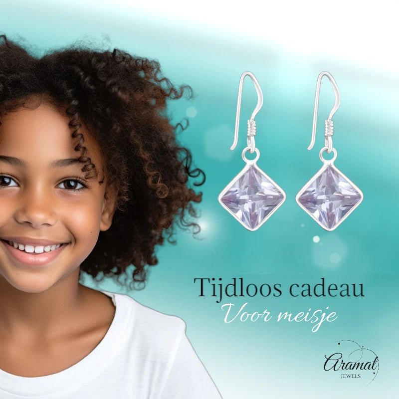 Kinder Oorhangers Lila 925 Zilver &acirc;&euro;&ldquo; Vierkant Steentje -