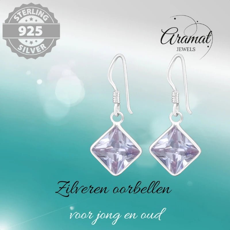 Kinder Oorhangers Lila 925 Zilver &acirc;&euro;&ldquo; Vierkant Steentje -