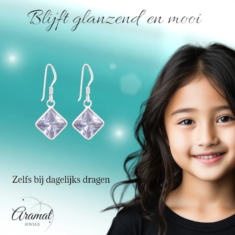 Kinder Oorhangers Lila 925 Zilver &acirc;&euro;&ldquo; Vierkant Steentje -