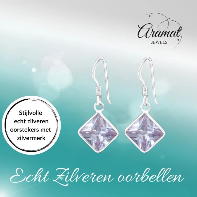 Kinder Oorhangers Lila 925 Zilver &acirc;&euro;&ldquo; Vierkant Steentje -