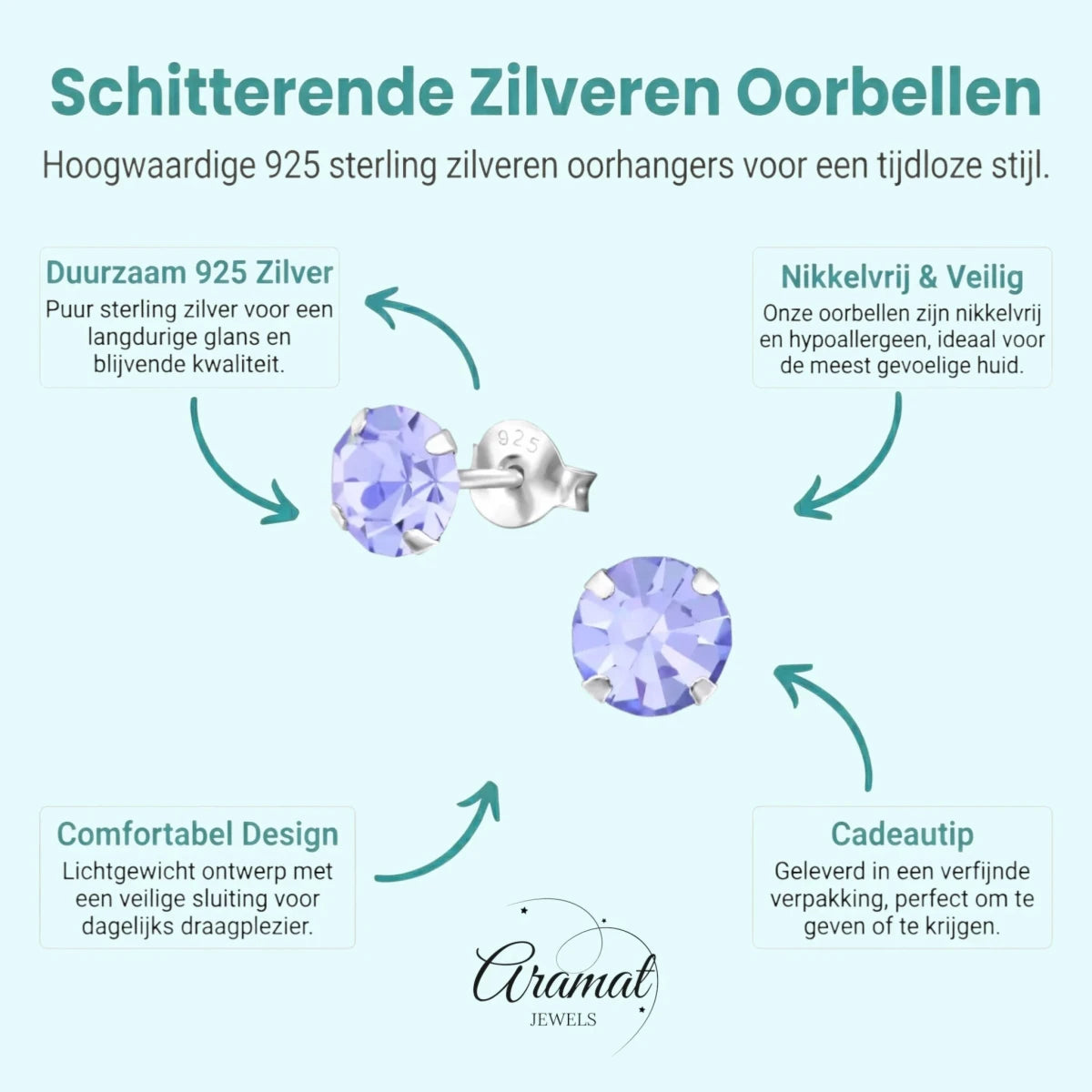 Lila Kristal Zilveren Oorbellen -