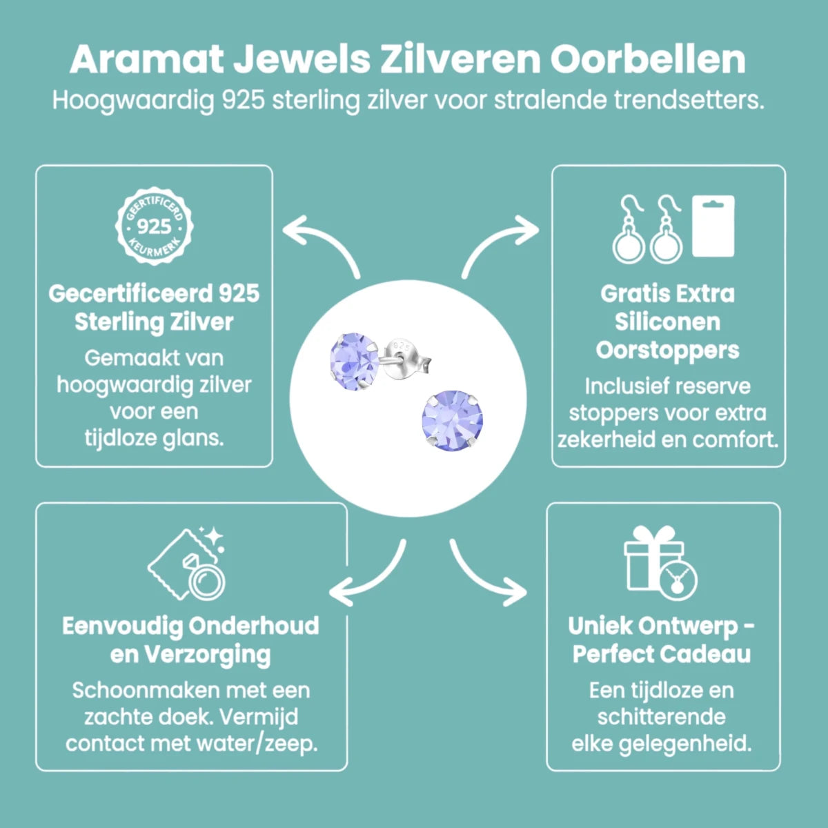 Lila Kristal Zilveren Oorbellen -
