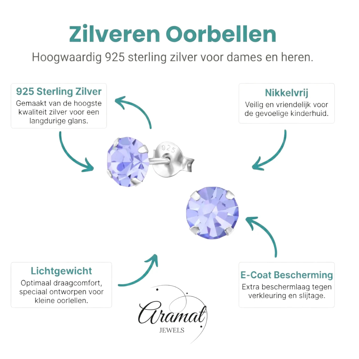 Lila Kristal Zilveren Oorbellen -