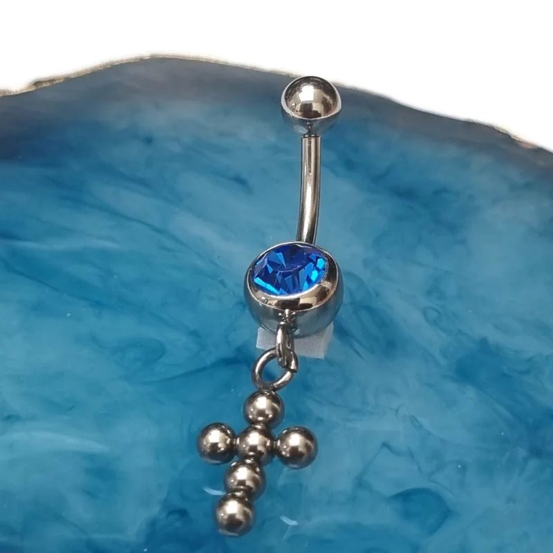 Diepblauw Stalen Navelpiercing met kruisje - Unisex