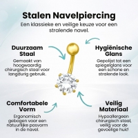 Goudkleurige Stalen Navelpiercing met Zirkonia bloem - Unisex