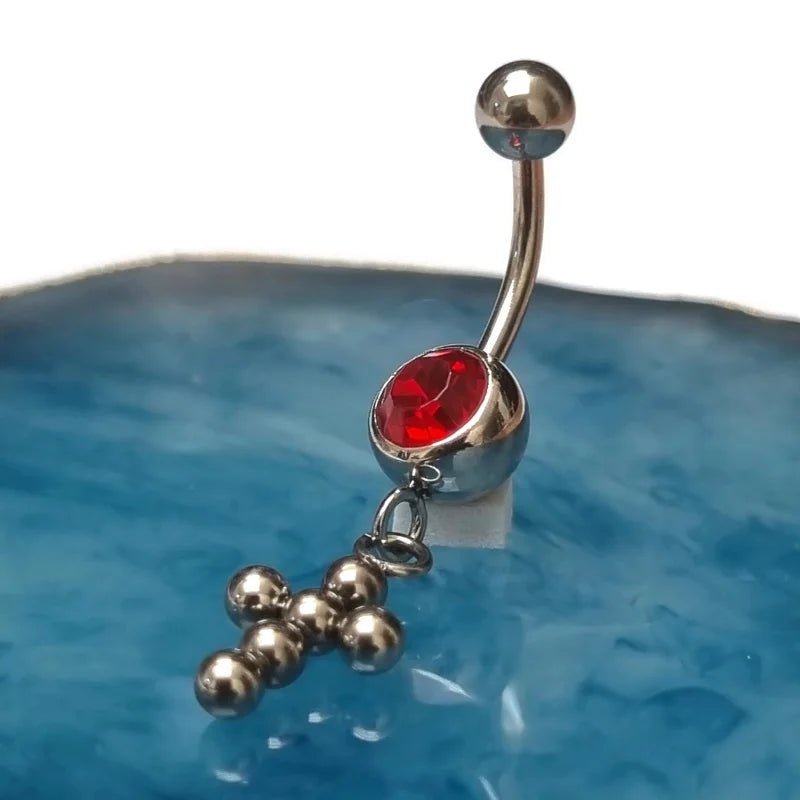 Rood Zirkonia Kruisje Stalen Navelpiercing - Heren