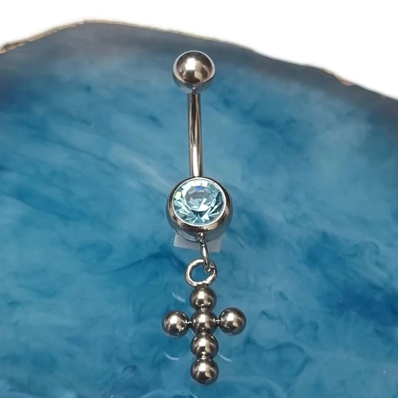 Lichtblauwe Zirkonia Navelpiercing met Kruisje - Unisex