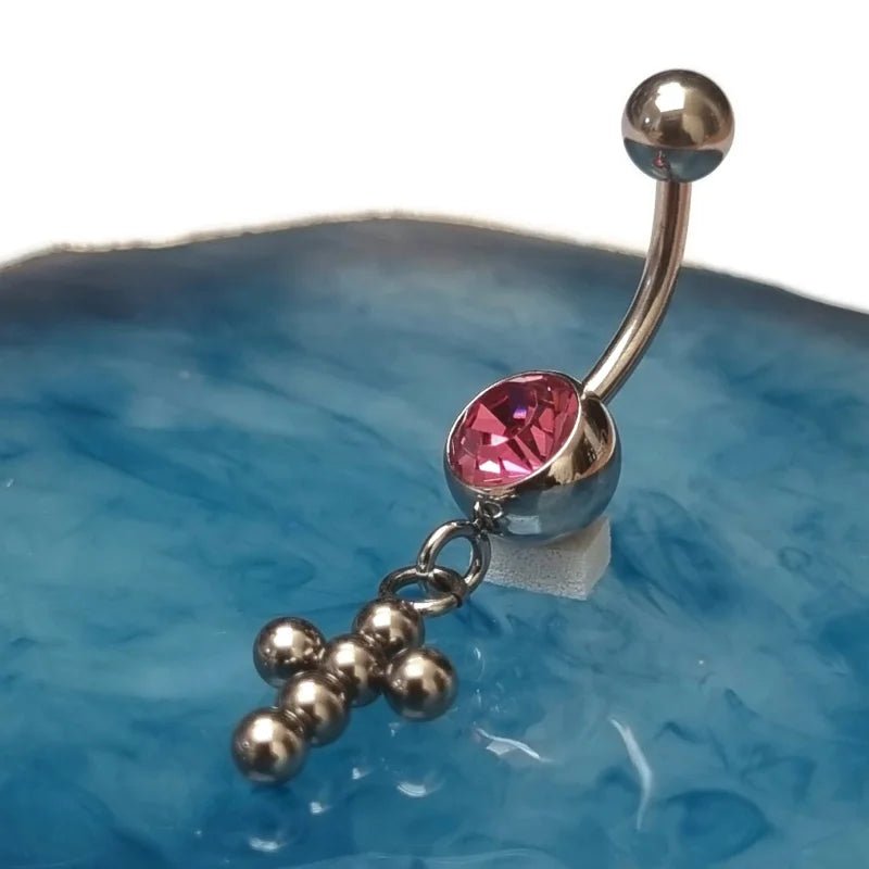Roze Zirkonia Stalen Navelpiercing met Kruisje - Unisex