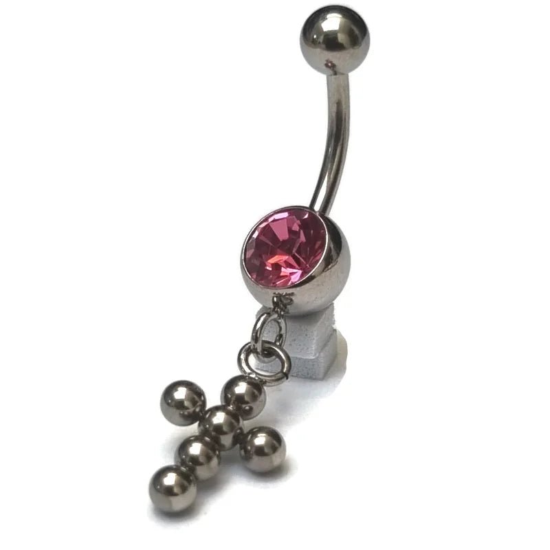 Roze Zirkonia Stalen Navelpiercing met Kruisje - Unisex