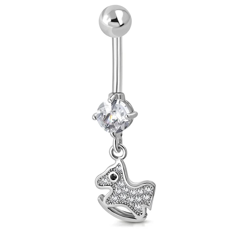 Zilverkleurige Navelpiercing met Paard Hanger met Zirkonia - Unisex