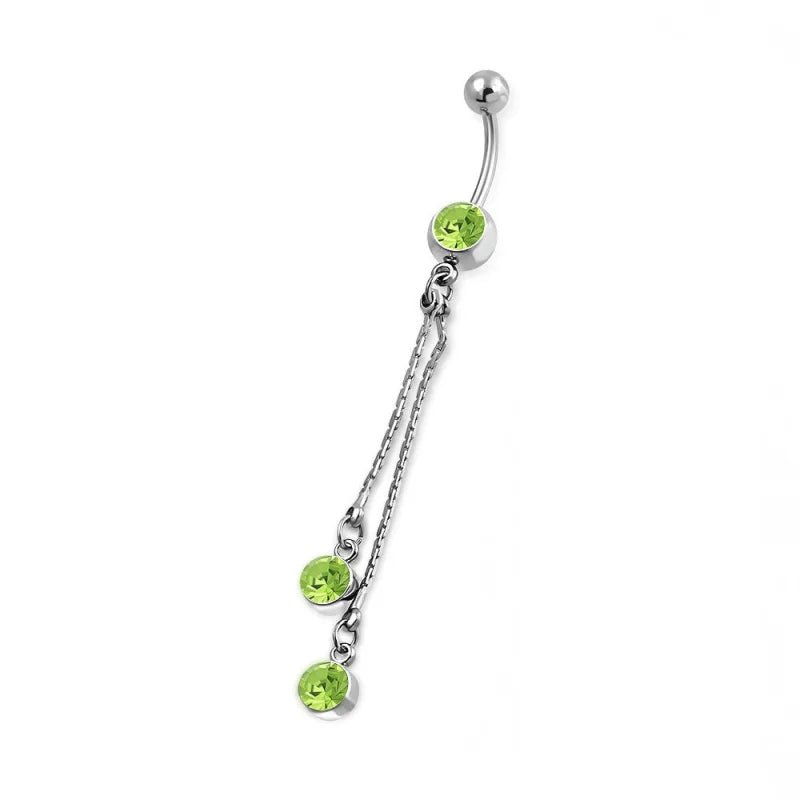 Stalen Navelpiercing ketting en groene zirkonia`s - Unisex