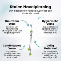 Stalen Navelpiercing ketting en groene zirkonia`s - Unisex