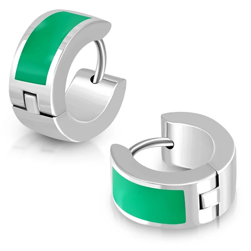 Oorringen kind &acirc;&euro;&ldquo; Staal Emaille Streep Groen Zilverkleur (10mm) -