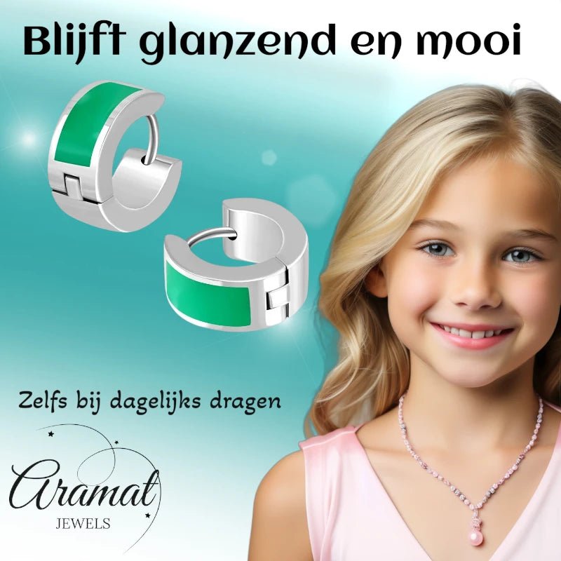 Oorringen kind &acirc;&euro;&ldquo; Staal Emaille Streep Groen Zilverkleur (10mm) -