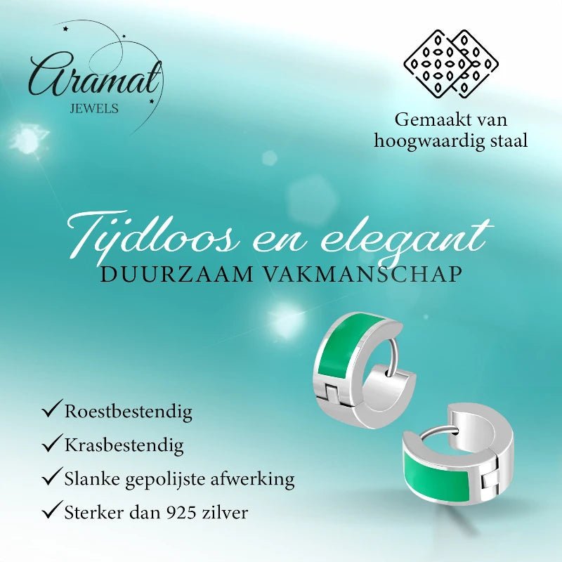 Oorringen kind &acirc;&euro;&ldquo; Staal Emaille Streep Groen Zilverkleur (10mm) -