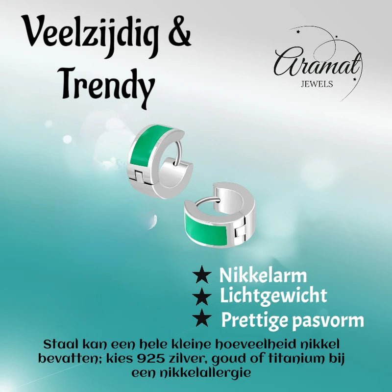 Oorringen kind &acirc;&euro;&ldquo; Staal Emaille Streep Groen Zilverkleur (10mm) -
