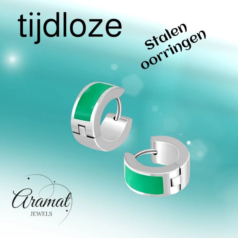 Oorringen kind &acirc;&euro;&ldquo; Staal Emaille Streep Groen Zilverkleur (10mm) -