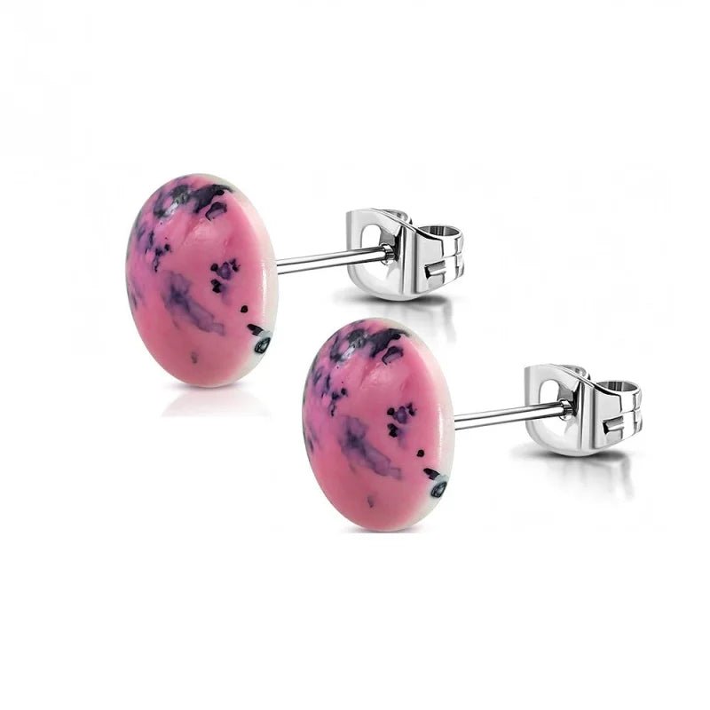 Oorstekers &acirc;&euro;&ldquo; RVS Roze Marmerlook Rond (12mm) -