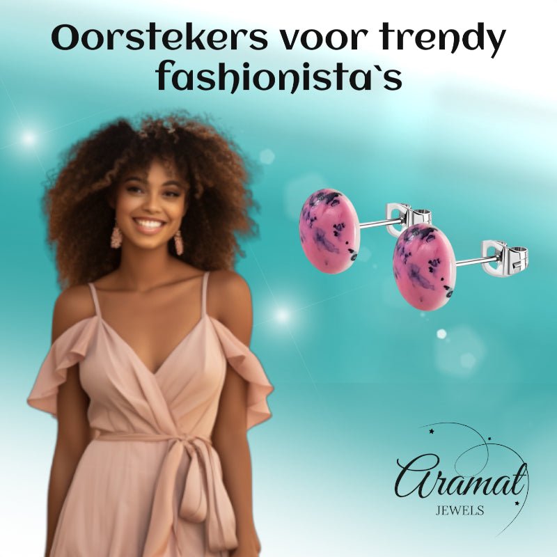 Oorstekers &acirc;&euro;&ldquo; RVS Roze Marmerlook Rond (12mm) -