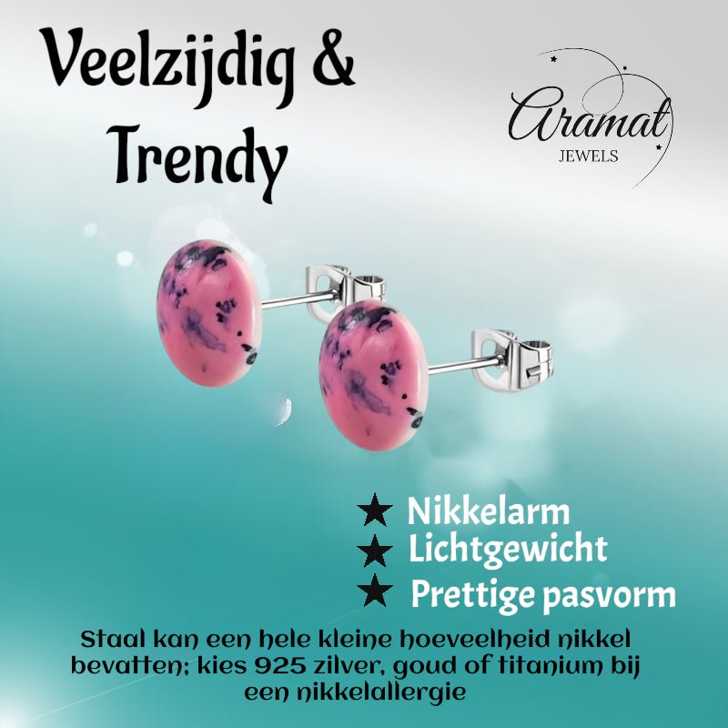 Oorstekers &acirc;&euro;&ldquo; RVS Roze Marmerlook Rond (12mm) -