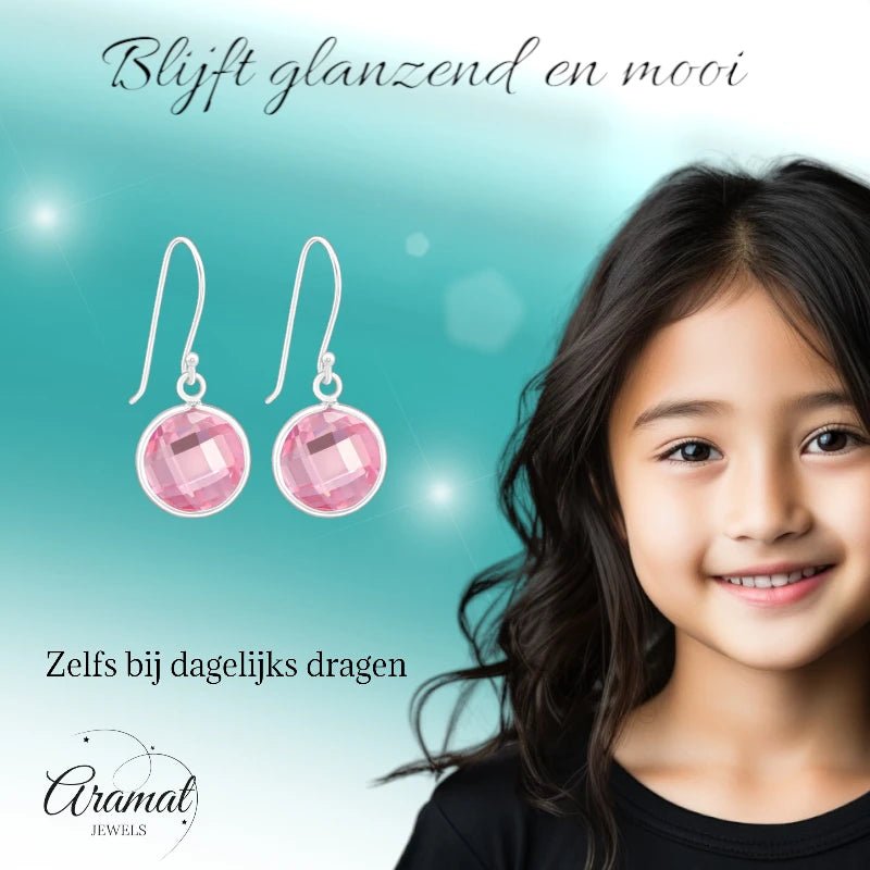Zilveren Oorhangers - Roze Zirkonia - Kind & Vrouw -