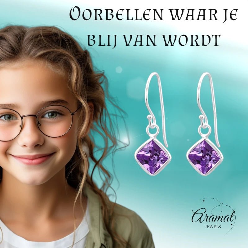 Zilveren Oorhangers - Paarse Zirkonia - Kinderen -