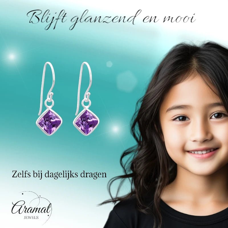 Zilveren Oorhangers - Paarse Zirkonia - Kinderen -