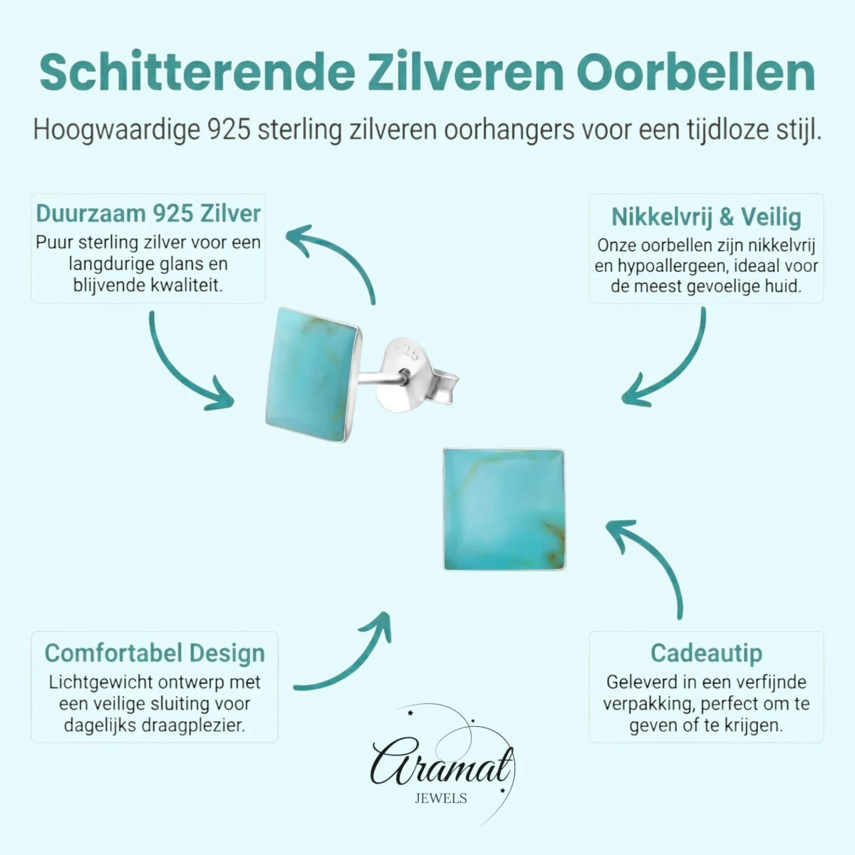 Zilveren oorbellen vierkant blauw -