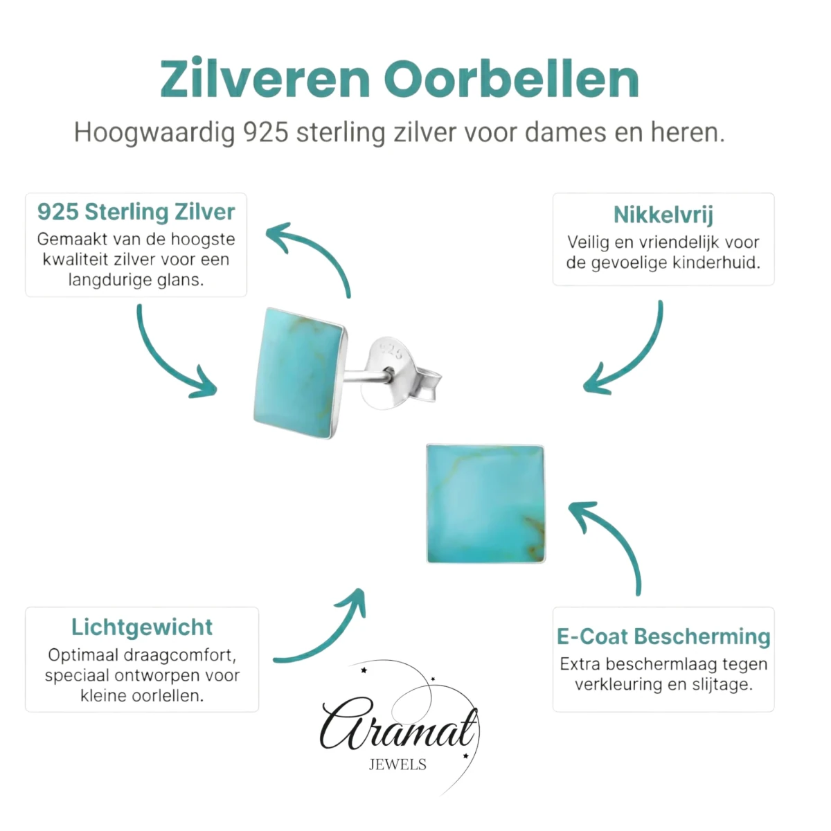 Zilveren oorbellen vierkant blauw -