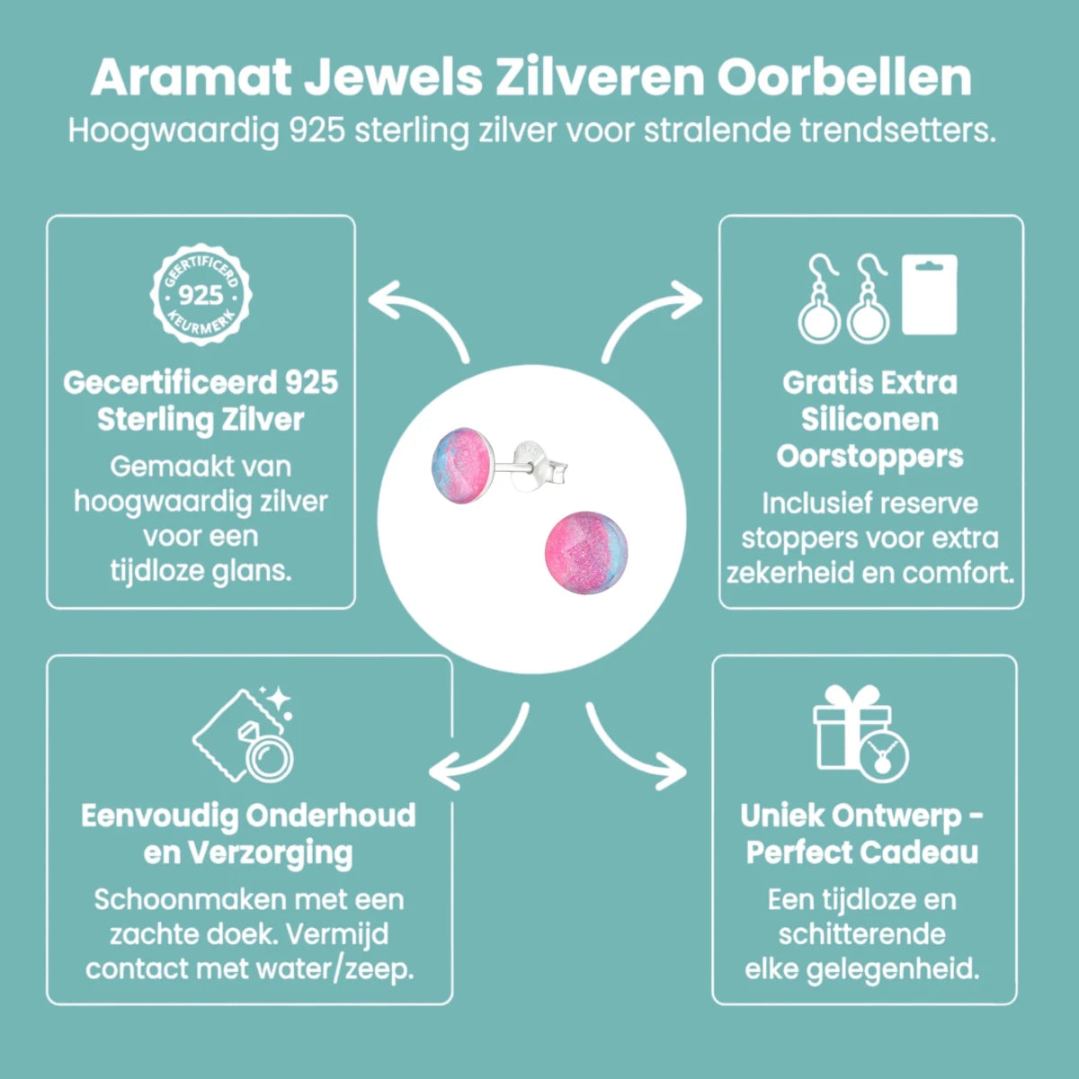 Zilveren Ronde Oorbellen met Blauwe en Roze Kristallen -