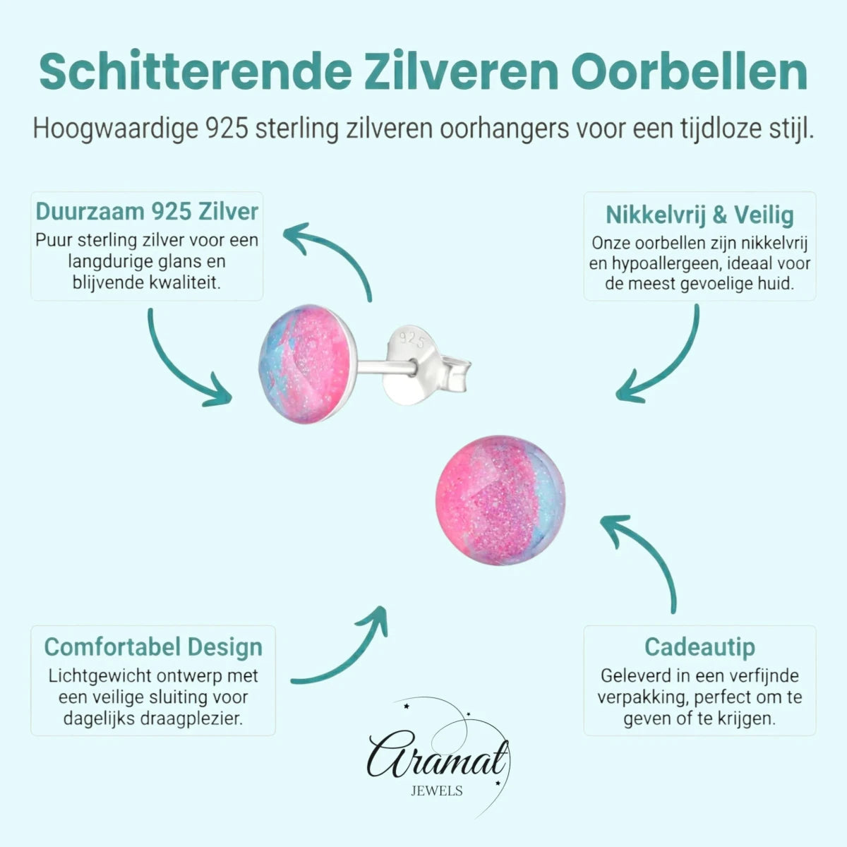 Zilveren Ronde Oorbellen met Blauwe en Roze Kristallen -