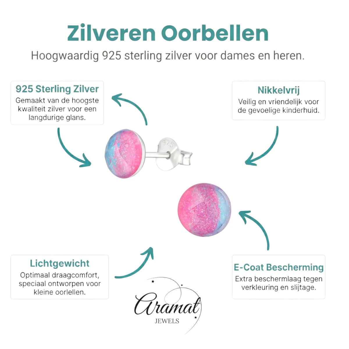 Zilveren Ronde Oorbellen met Blauwe en Roze Kristallen -